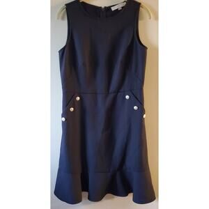 LOFT Pearl Buttons Pockets Flounce Dress Black Size 4 Ruffle Hem Mod Academia